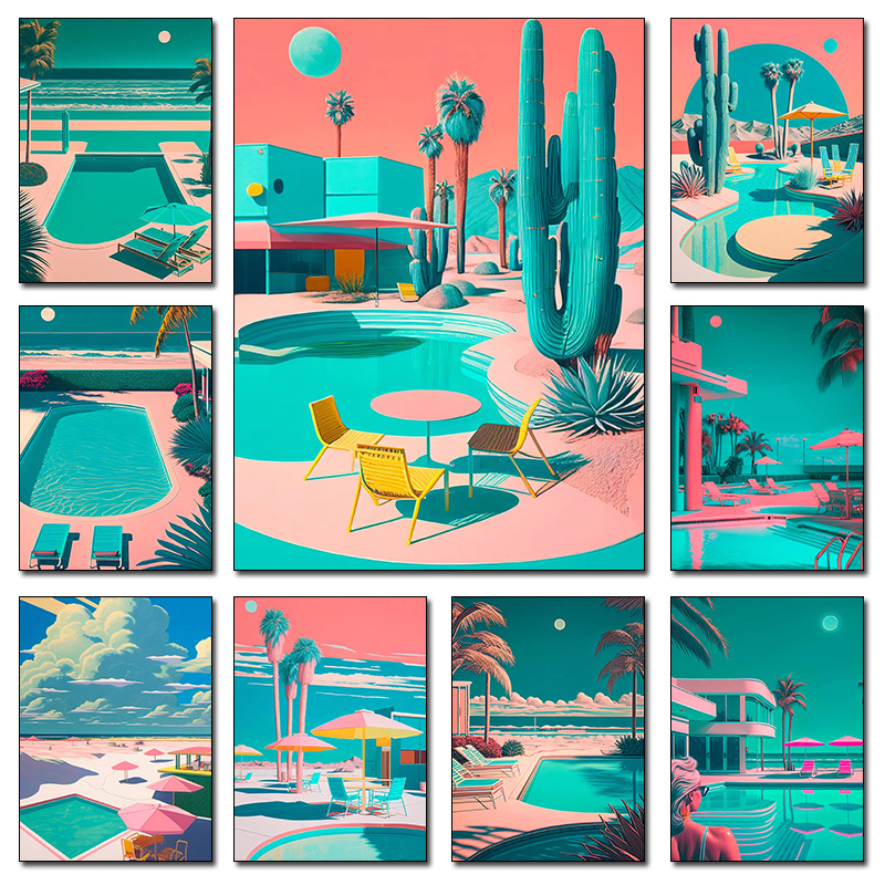 Resin Art Tree - Retro Futurystyczny Plażowy Krajobraz z Palmami,